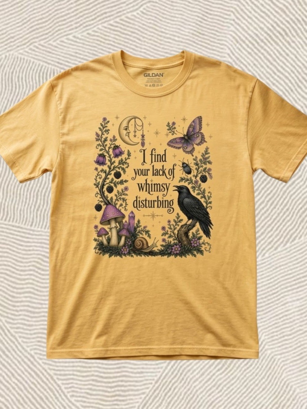 Gildan Yellow Lack of Whimsy Crow T-Shirt,Witchy Autumn Celestial Halloween